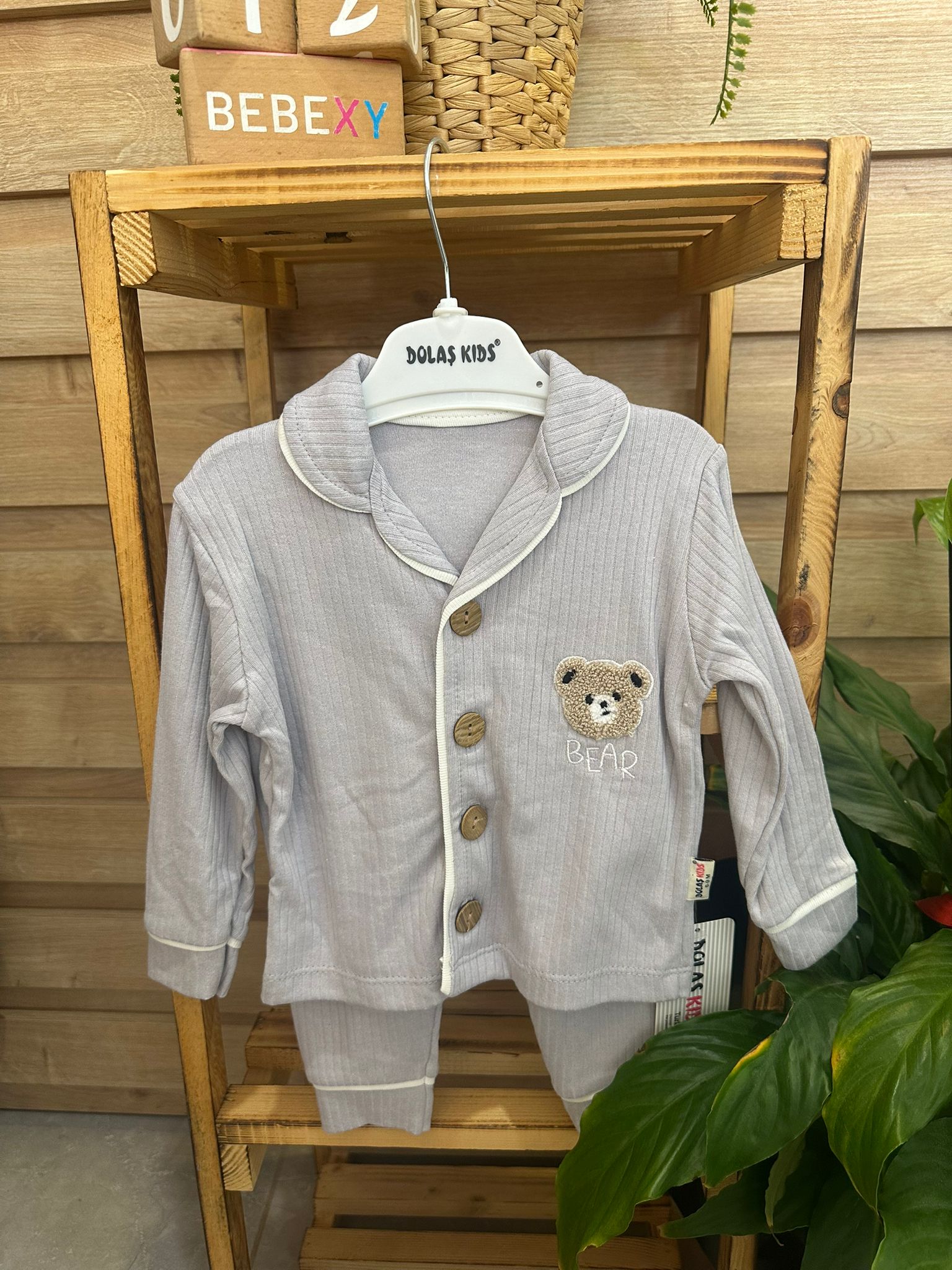 Bear Desenli Bebek Pijama Takımı Gri