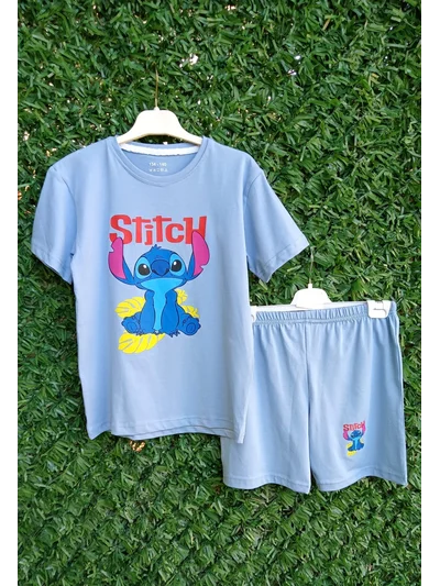 Mavi Stitch  Baskılı  Şortlu Takım