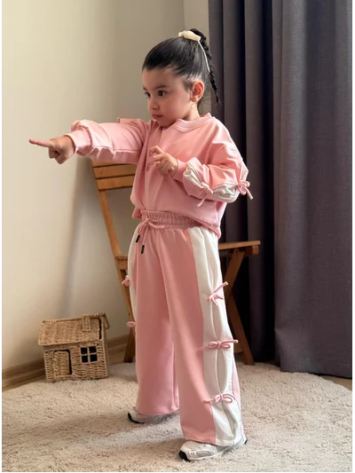 İpli Bol Paça Alt Üst Takım Toz Pembe 5