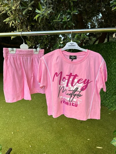 Mottey Baskılı Şortlu Takım  Pembe