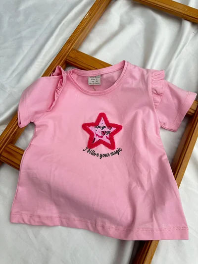 Önü Yıldızlı Tişört Pembe