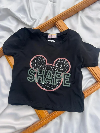 Shape Yazılı Boncuklu Siyah Tişört