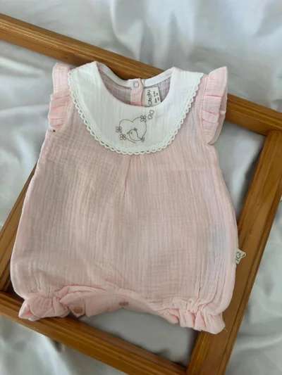Kuş Nakışlı Müslin Tulum Pembe