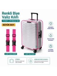 Şeffaf Valiz Koruyucu Kılıf ve Valiz Kemeri * 2 ADET * PEMBE - BÜYÜK