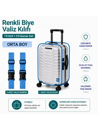 Şeffaf Valiz Koruyucu Kılıf ve Valiz Kemeri * 2 ADET * MAVİ - ORTA