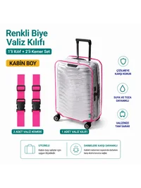 Şeffaf Valiz Koruyucu Kılıf ve Valiz Kemeri * 2 ADET * PEMBE - KABİN