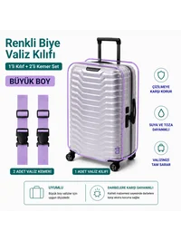 Şeffaf Valiz Koruyucu Kılıf ve Valiz Kemeri * 2 ADET * LİLA - BÜYÜK