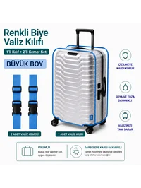 Şeffaf Valiz Koruyucu Kılıf ve Valiz Kemeri * 2 ADET * MAVİ - BÜYÜK