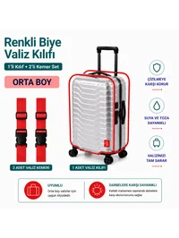 Şeffaf Valiz Koruyucu Kılıf ve Valiz Kemeri * 2 ADET * KIRMIZI - ORTA