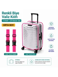 Şeffaf Valiz Koruyucu Kılıf ve Valiz Kemeri * 2 ADET * PEMBE - ORTA