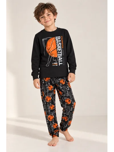 Basketbol Desenli Erkek Çocuk Pijama Takımı Siyah