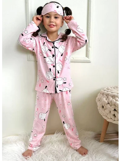 Sevimli Köpek Desenli Gömlek Yaka Pembe Kız Çocuk Pijama Takımı