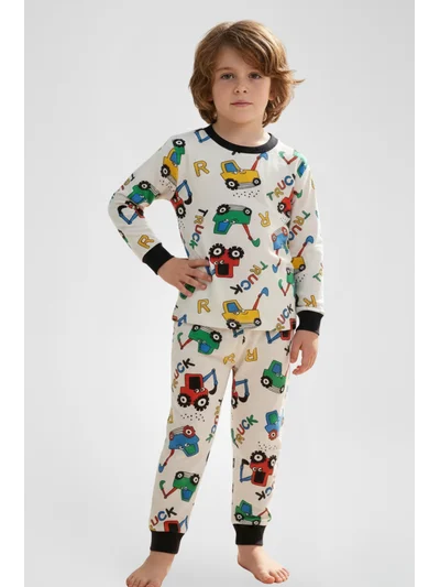 Renkli Traktör Desenli Erkek Çocuk Pijama Takımı - Pamuklu İnterlok Kumaş