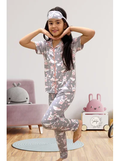 Kız Çocuk Gömlek Yaka Düğmeli  Tavşan Desenli Kısa Kollu Pijama Takımı