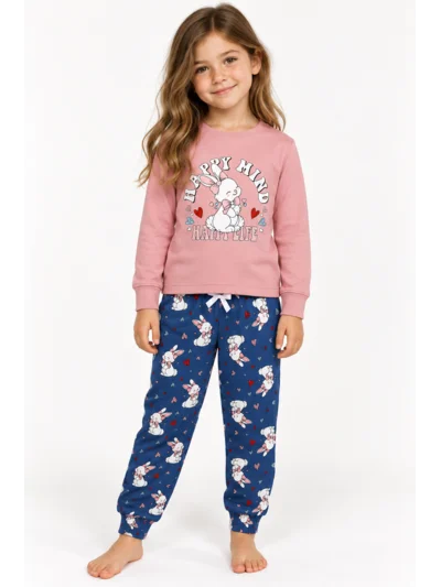 Kız Çocuk Tavşan Baskılı İnterlok Uzun Kollu Pijama Takımı