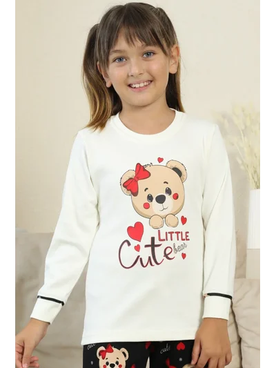 Küçük Sevimli Ayıcık Desenli Kız Çocuk Pijama Takımı - Ekru