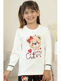 Küçük Sevimli Ayıcık Desenli Kız Çocuk Pijama Takımı - Ekru