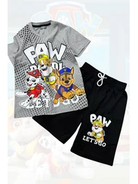 Paw Patrol Baskılı Grİ Tişört ve Siyah Şort Yazlık Çocuk Takım