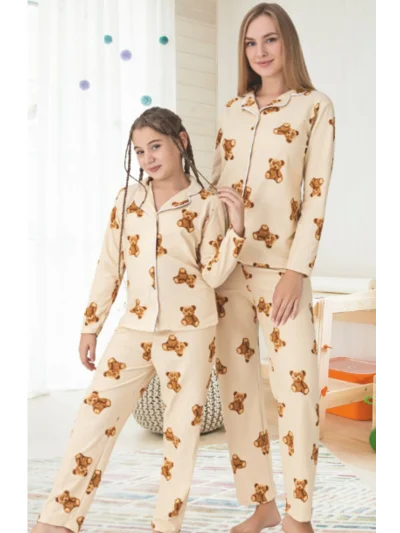 Anne Kız Kombini Ayıcık Desenli Gömlek Yaka Pijama Takımı