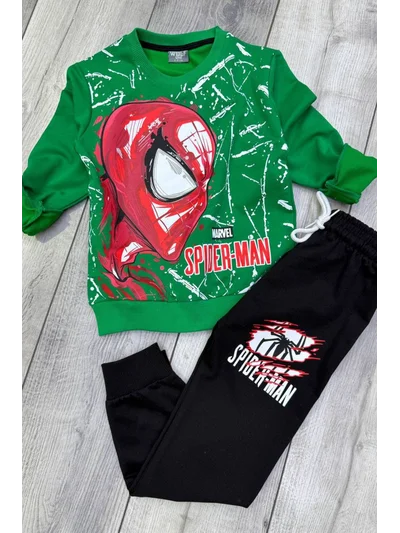 2 İplik Spiderman Baskılı Yeşil Eşofman Takımı