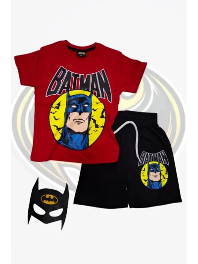 Batman Baskılı Tişört Şort ve Batman Maskeli Kırmızı Renk Çocuk Takım
