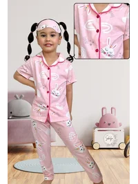 Kız Çocuk Gömlek Yaka Kısa Kollu Düğmeli Tavşan Desenli Pembe Pijama Takımı