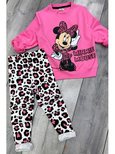 2 İplik Minnie Mouse Baskılı Pembe Taytlı Takım