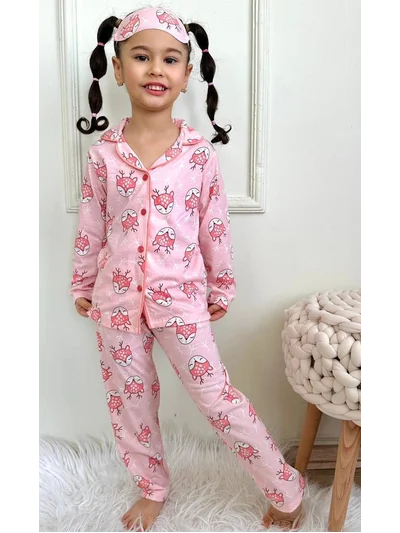 Sevimli Ceylan Desenli Gömlek Yaka Kız Çocuk Pembe Pijama Takımı