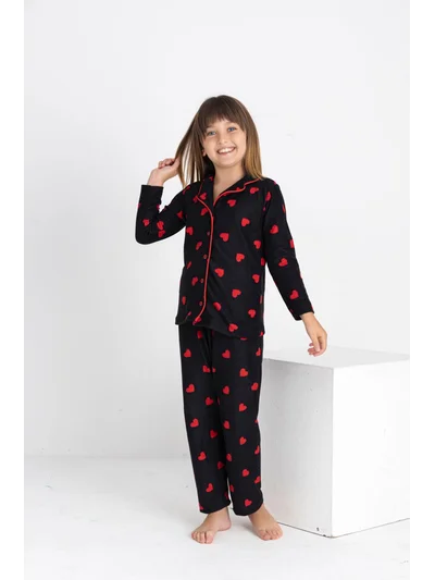 Anne Kız Kırmızı Kalp Desenli Süet Pijama Takımı