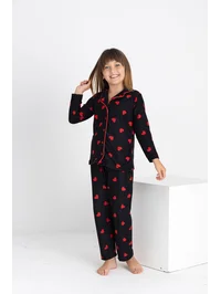 Anne Kız Kırmızı Kalp Desenli Süet Pijama Takımı