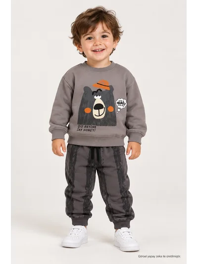 Erkek Çocuk Ayıcık Baskılı İki İplik Fırçalı Sweatshirt Jogger Alt Üst Takım