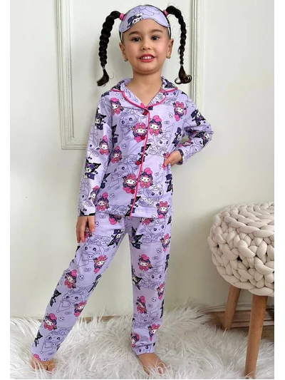 Kız çocuk mor Kuromi düğmeli pamuklu pijama takımı göz bandı dahil