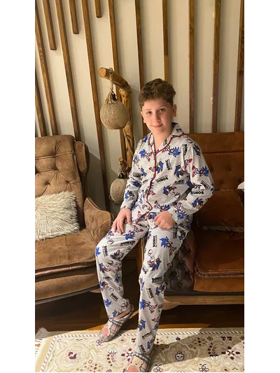 Sonic Desenli Erkek Çocuk Gömlek Yaka Düğmeli Pijama Takımı