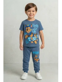 Erkek Çocuk İndigo Mavi Paw Patrol Baskılı Süprem Penye Üst ve 2 İplik Alt Takım