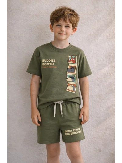 Buddies Booth Baskılı Erkek Çocuk Takım Vintage Olive Şortlu Takım