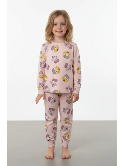 Sevimli Kedi Cupcat Desenli Kız Çocuk Pijama Takımı - Pamuklu İnterlok Kumaş
