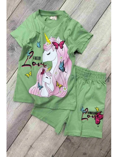 Unicorn Baskılı Yeşil Tişört ve Şort Kız Çocuk Yazlık Takım