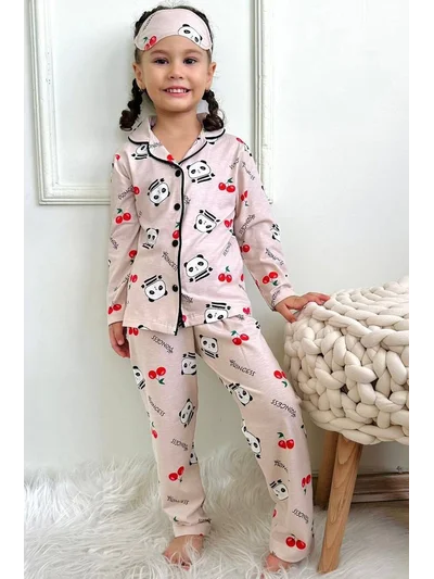 Panda Desenli Gömlek Yaka Kız Çocuk Pijama Takımı