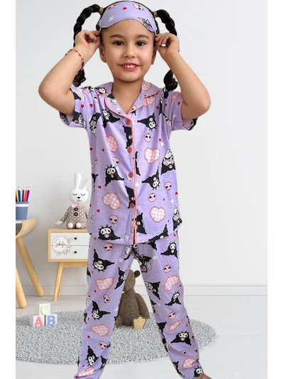 Kuromi Kız Çocuk Gömlek Yaka Düğmeli Kısa Kollu Yazlık Pijama Takımı
