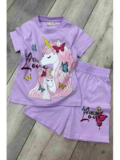Unicorn Baskılı Lila Tişört ve Şort Kız Çocuk Yazlık Takım