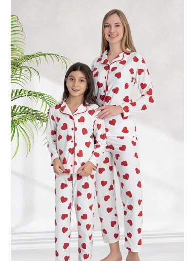 Anne Kız Pijama Takımı Beyaz Üzerine Kırmızı Kalp Desenli 