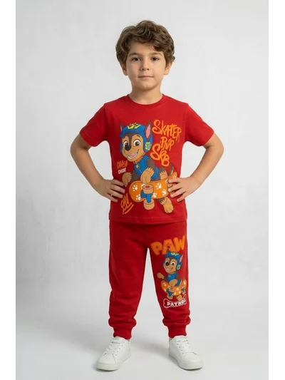 Erkek Çocuk Kırmızı Paw Patrol Baskılı Süprem Penye Üst ve 2 İplik Alt Takım