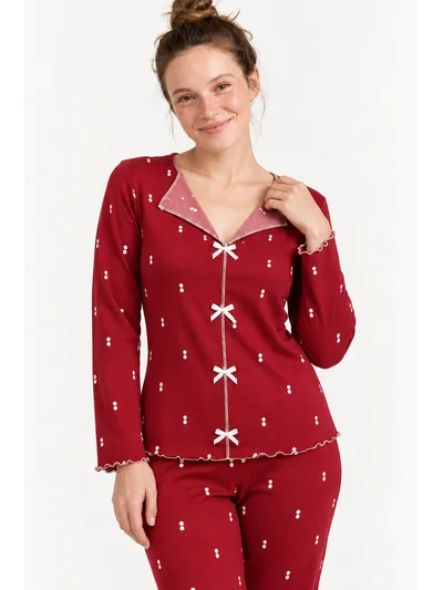 Kadın Bordo Minimal Desenli Milan Soft Kurdeleli Pijama Takımı