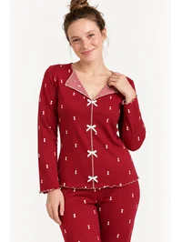 Kadın Bordo Minimal Desenli Milan Soft Kurdeleli Pijama Takımı