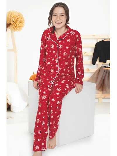 Anne Kız Kırmızı Pijama Takımı - Kar Temalı