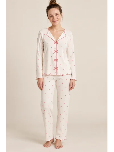 Ekru Kalp Desenli Raporlu Kaşkorse Kruvaze Yaka Fiyonklu Uzun Kollu Kadın Pijama Takımı