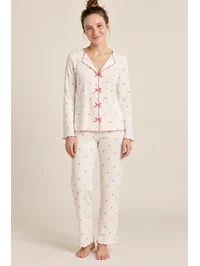 Ekru Kalp Desenli Raporlu Kaşkorse Kruvaze Yaka Fiyonklu Uzun Kollu Kadın Pijama Takımı