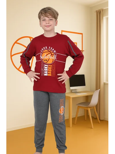 Basketbol Desenli Erkek Çocuk Pijama Takımı Bordo