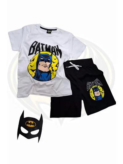 Batman Baskılı Tişört Şort ve Batman Maskeli Beyaz Renk Çocuk Takım