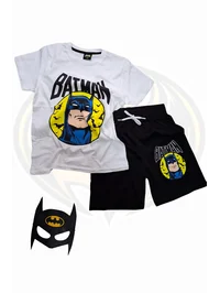 Batman Baskılı Tişört Şort ve Batman Maskeli Beyaz Renk Çocuk Takım